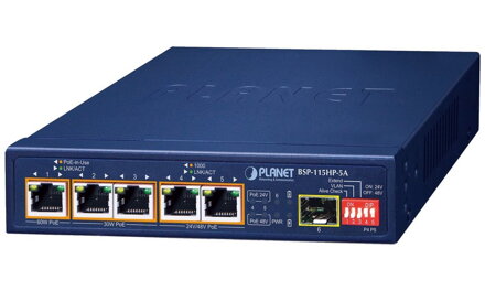 Planet BSP-115HP-5A Hybridní PoE solární switch, 5x1Gb,1x1Gb SFP, 1x PoE++ 802.3bt 60W + 4x PoE 802.3at, -20~65°C , IP30