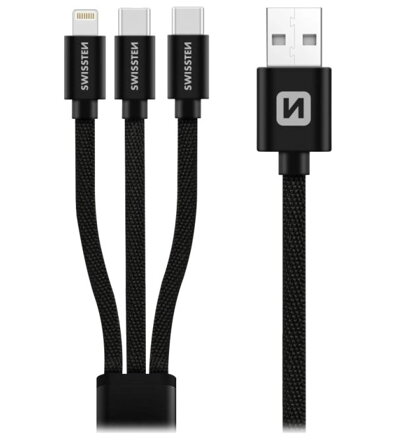 SWISSTEN DATOVÝ KABEL TEXTILE 3in1 1,2 M ČERNÝ (Lightning, 2x USB-C)
