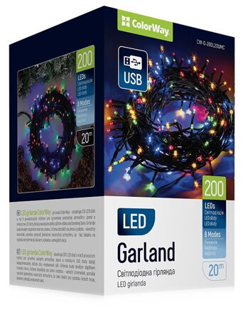 POŠKOZENÝ OBAL - COLORWAY LED řetěz/ vnitřní / 200 LED / délka 20m / více barevný / 8 funkcí/ napájení USB