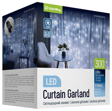 POŠKOZENÝ OBAL - COLORWAY LED girlanda/ vnitřní / 300 LED / délka 3 x 3m / studená bílá/ AC 220V