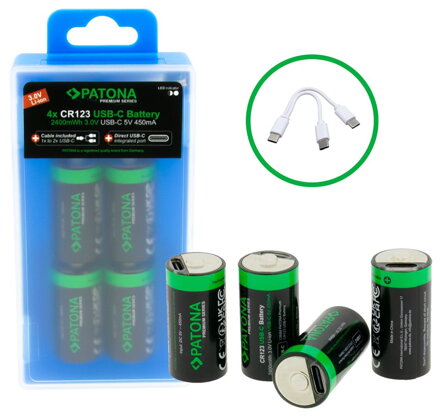 PATONA nabíjecí baterie CR123A Li-lon 800mAh 3,7V s USB-C nabíjením, 4ks v balení