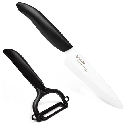 KYOCERA keramický nůž na ovoce a zeleninu s bílou čepelí 11 cm, černá rukojeť + škrabka na ovoce a zeleninu
