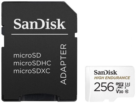 SanDisk High Endurance microSDXC 256GB / C10, U3, V30 / Full HD / 4K videos / dash cams & home monitoring / + SD Adaptér