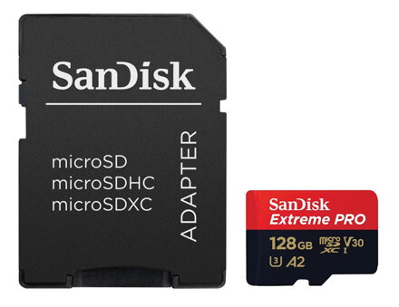 SanDisk Extreme PRO microSDXC 128GB / A2 C10 V30 UHS-I U3 / 200MB/s & 90MB/s / SD Adaptér + 2 years RescuePRO