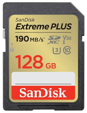 SanDisk Extreme PLUS 128GB SDXC / UHS-I, Class 10, U3, V30 /  up to 190MB/s & 90MB/s Read/Write / + 2 years RescuePRO