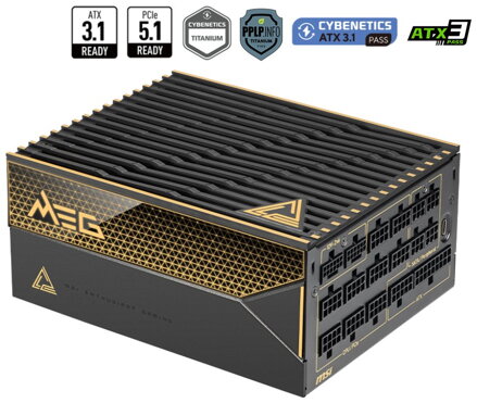 MSI zdroj MEG Ai1600T PCIE5/ 1600W/ ATX3.1/ akt. PFC/ 12 let celk. záruka/ 135mm fan/ modulární kabeláž/ 80PLUS Titanium