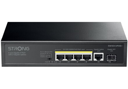 STRONG switch SW5011POE+/ 4x port Gigabit POE+/ 1x Ggabit Uplink port/ 1x Gigabit port SFP/ IEEE802.3af/at/ kovové šasi
