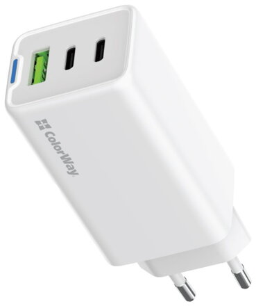 COLORWAY 2x USB-C, 1x USB-A/ síťová nabíječka/ GaN/ PD/ PPS/ 65W/ Bílá