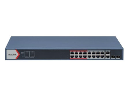 Hikvision DS-3E1318P-EI(B) - Smart managed switch 16x100TX PoE + 2x Gb Uplink Combo port, 230W, Super PoE- dosah až 300m