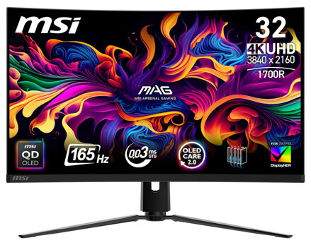MSI Gaming MAG 21CUP QD-OLED/ 31,5" zakřivený/ 3840 x 2160/ UHD/ 0,03ms/ 165Hz/ 250cd/m2/ 1,5M:1/ HDMI/ DP/ VESA/ černý
