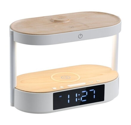 IMMAX LED budík TRIPLE DOCK/ 3v1 bezdrátové nabíjení/ 20W/ 9V/2,22A/ AC 220-230V/ 30lm/ USB-C/ bílý (světlé dřevo)