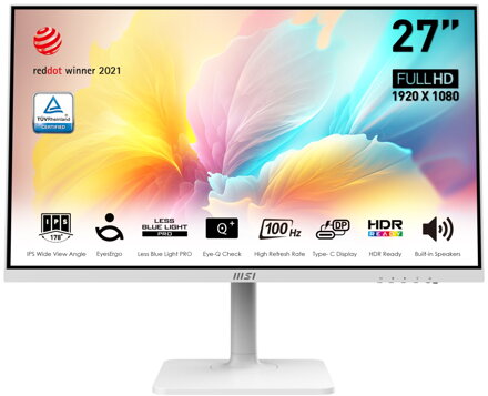 MSI Modern MD2712PW/ 27"/ 1920x1080/ IPS/ 4ms/ 100Hz/ 300cd/m2/ 1000:1/ HDMI/ VESA/ bílý