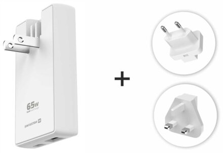 POŠKOZENÝ OBAL - Swissten cestovní adaptér GaN USB-C + USB-A 65w výměnné vidlice (US, EU, UK) bílý