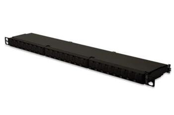 DIGITUS CAT 6A Patchovací panel třídy EA, stíněný, 0,5U 24 portů RJ45, vč. protiprachový kryt, 8P8C, černý