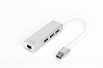 DIGITUS USB 3.0 HUB, 3 porty a Gigabit LAN adaptér 3xUSB A / F, 1xUSB A / M, 1xRJ45 LAN, Win / Mac OS