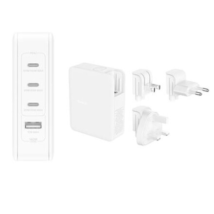 Belkin 140W 4-portová USB-C Power Delivery GaN PPS nástěnná nabíječka + UK, EU, US adaptéry, bílá