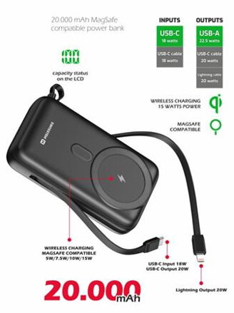 SWISSTEN POWER BANK 20000 mAh PD 20W S INTEGROVANÝMI KABELY  USB-C A LIGHTNING (kompatibilní s MagSafe)