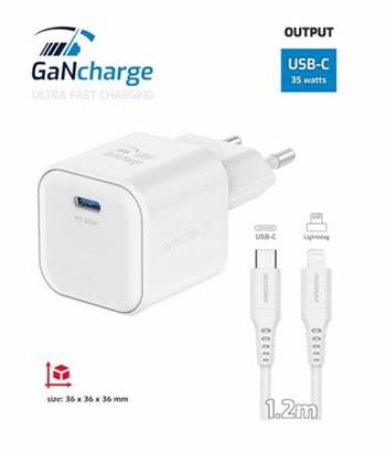 SWISSTEN SÍŤOVÝ ADAPTÉR GaN 1x USB-C 35W POWER DELIVERY BÍLÝ + DATOVÝ KABEL USB-C/LIGHTNING 1,2 M BÍLÝ