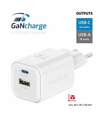 SWISSTEN SÍŤOVÝ ADAPTÉR GaN 1x USB-C 45W PD + 1x USB-A 18W QC BÍLÝ