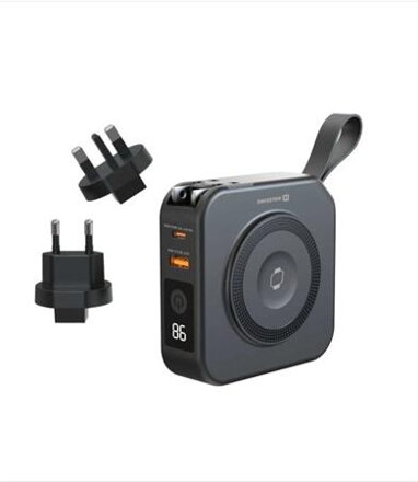 SWISSTEN  POWER BANK ALL-IN-ONE PRO S VYMĚNITELNÝMI VIDLICEMI (USA, EU, UK) 10000 mAh 20W ČERNÁ