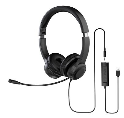 Acer Office Headset, 3,5 mm Jack / USB s ovládáním na kabelu; reproduktory: 30mm měniče; frekvenční rozsah 20Hz-20kHz