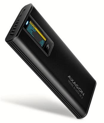 AXAGON EEM2-SD2B, USB-C 10Gbps externí box s displejem pro M.2 NVMe/SATA SSD, bezšroubkový, černý