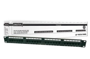 DIGITUS CAT 5e patch panel, nestíněný, 24 portů RJ45, 8P8C, LSA, 1U, do  stojanu, černý, 482x44x109
