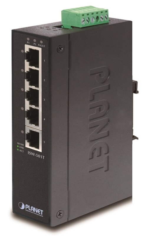 PLANET ISW-501T Priemyselný Switch 5x 10 / 100M, -40 ~ + 75 ° C, TB napájanie 12-48VDC, DIN, kovové šasi PLANET ISW-501T Priemyselný Switch 5x 10 / 100M, -40 ~ + 75 ° C, TB napájanie 12-48VDC, DIN, kovové šasi