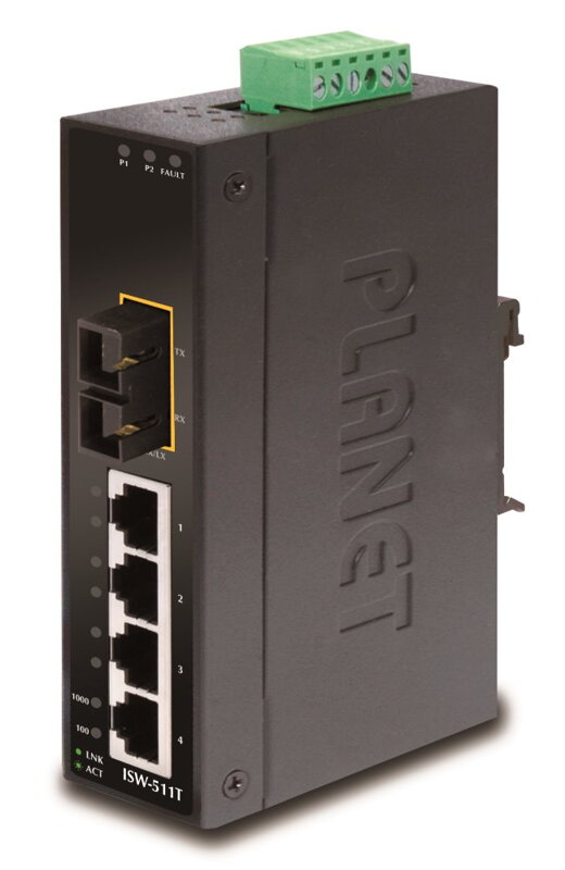 PLANET ISW-511T Priemyselný Switch 4x 10 / 100M + 1x 100 MM SC, -40 ~ + 75 ° C, 48VDC, DIN