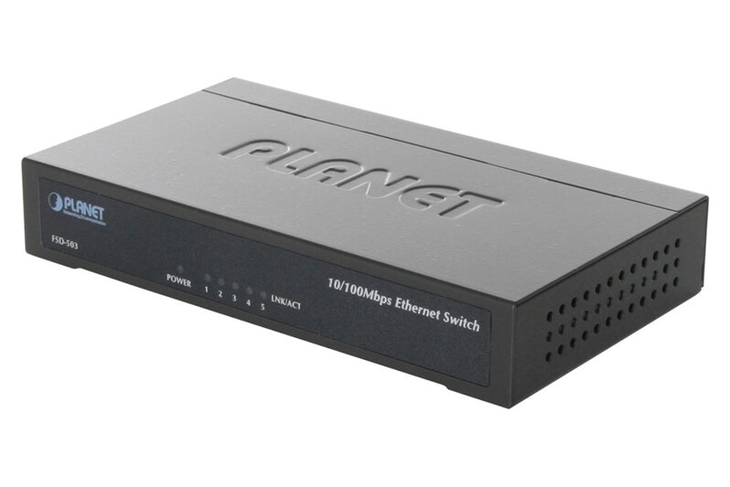 PLANET FSD-503 switch 5x 10/100Base-TX, 10", kov, fanless PLANET FSD-503 switch 5x 10/100Base-TX, 10", kov, fanless