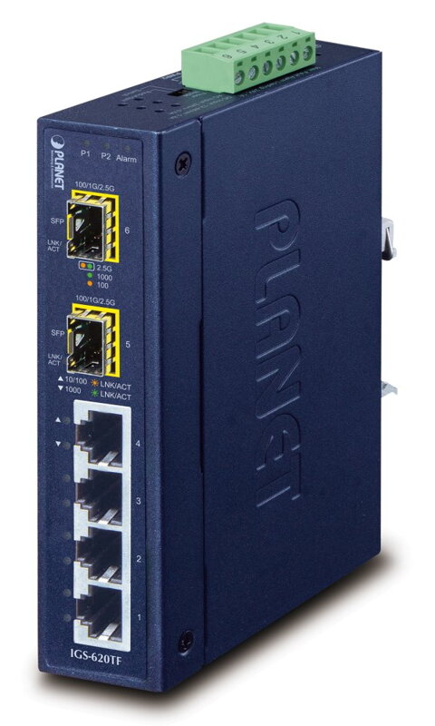 PLANET IGS-620TF Priemyselný Switch 4x 10/100 / 1000T, 2x 100 / 1000X SFP, -40 ~ + 75 ° C