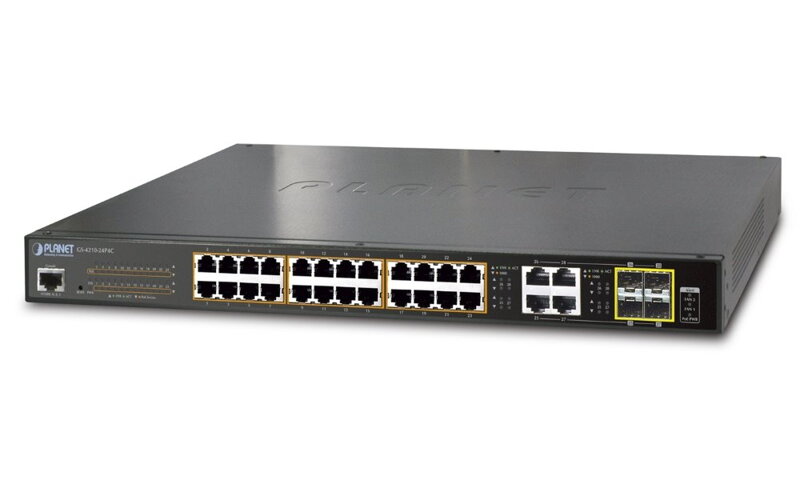 PLANET GS-4210-24PL4C PoE switch L2 / L4, 28x 1000Base-T, 4x SFP, Web / SNMPv3, ext 10Mb / s, 802.3at-440W PLANET GS-4210-24PL4C PoE switch L2 / L4, 28x 1000Base-T, 4x SFP, Web / SNMPv3, ext 10Mb / s, 802.3at-440W