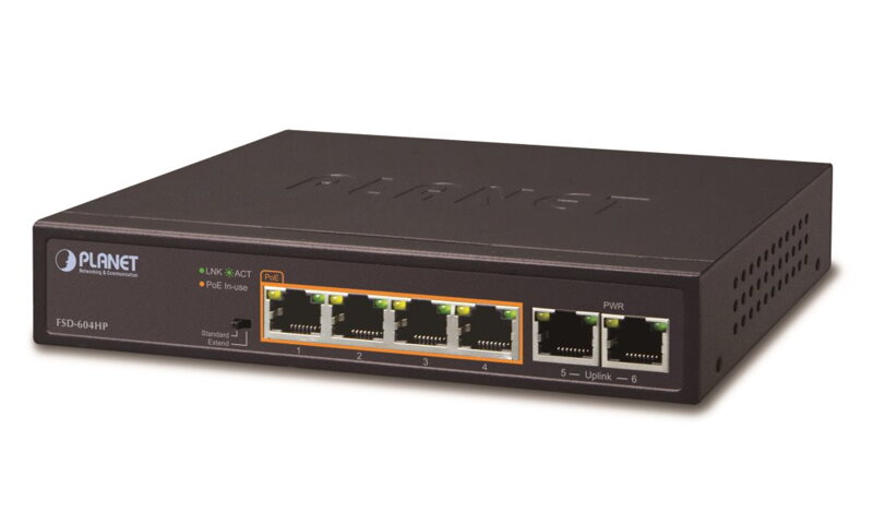 Planet FSD-604HP, PoE switch 4x PoE 802.3at 60W + 2x 100Base-TX, VLAN, extend mód 10Mb / s do 250m, fanless, ESD Planet FSD-604HP, PoE switch 4x PoE 802.3at 60W + 2x 100Base-TX, VLAN, extend mód 10Mb / s do 250m, fanless, ESD