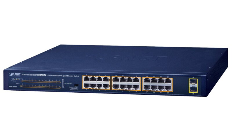 Planet GSW-2620HP PoE switch, 24x1Gb + 2x SFP 1Gb, VLAN, extend mód 10Mb-250m, 802.3at, 802.3az, 240W PoE Budget