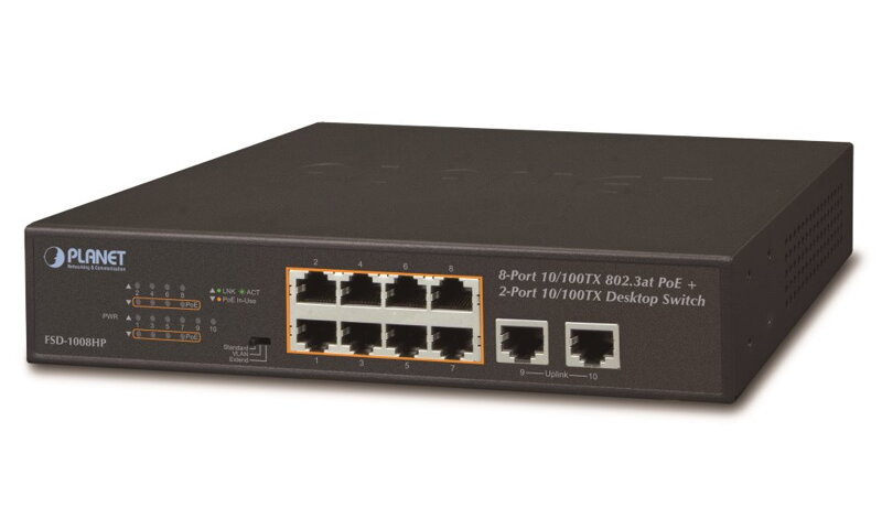 Planet FSD-1008HP PoE switch 10x 100Mb, 8xPoE 802.3at 30W / 120W, VLAN, extend mód 10Mb / s do 250m, fanless