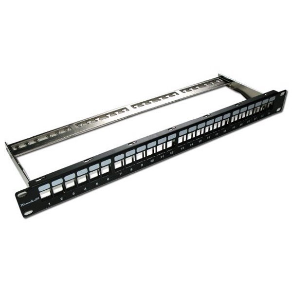 XtendLan Patch panel 19", 24 portů, neosazený, stíněný, černý, CAT6A XtendLan Patch panel 19", 24 portů, neosazený, stíněný, černý, CAT6A