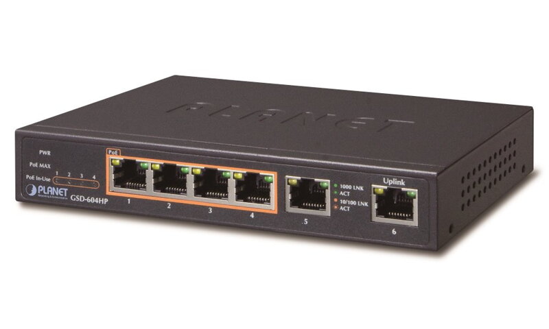 PLANET GSD-604HP PoE switch 1Gbps, 6xTP, 4xPoE 802.3at / af 30W / 55W, fanless PLANET GSD-604HP PoE switch 1Gbps, 6xTP, 4xPoE 802.3at / af 30W / 55W, fanless