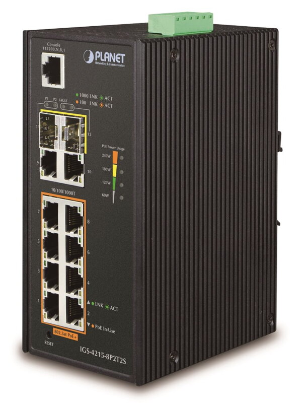 Planet IGS-4215-8P2T2S Gigabit PoE switch 10x TP (8x PoE) + 2x SFP, 802.3at 240W, IP30, -40 až 75 ° C, SNMP Planet IGS-4215-8P2T2S Gigabit PoE switch 10x TP (8x PoE) + 2x SFP, 802.3at 240W, IP30, -40 až 75 ° C, SNMP