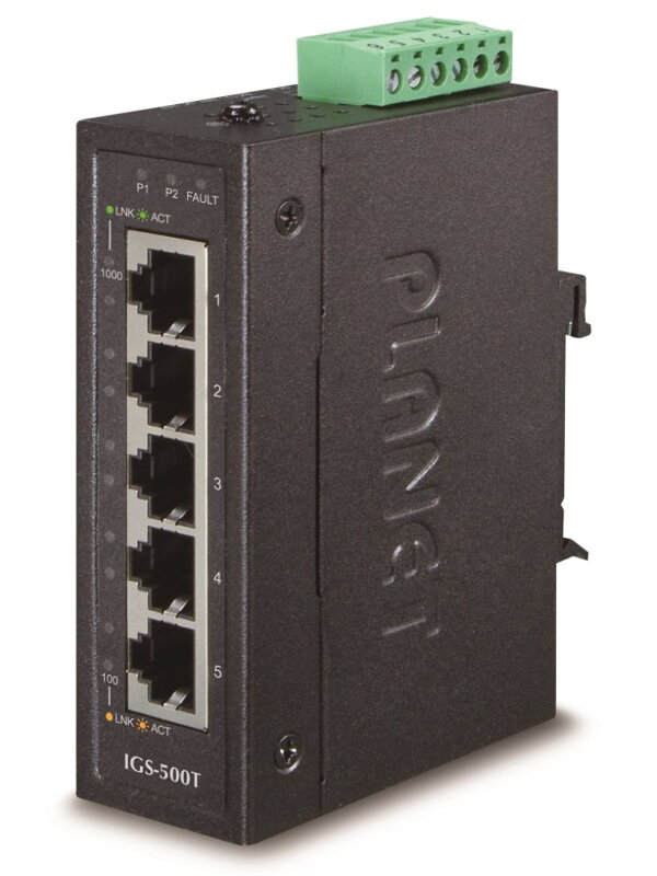 Planet IGS-500T, 5x 1000Base-T, DIN, IP30, rozšírený teplotný rozsah -40 až + 75C, ESD + EFT do 6kV Planet IGS-500T, 5x 1000Base-T, DIN, IP30, rozšírený teplotný rozsah -40 až + 75C, ESD + EFT do 6kV