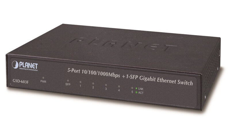 Planet GSD-603F Gigabit switch 5x 1000Base-T (RJ-45) + 1x SFP, kov, EuP Planet GSD-603F Gigabit switch 5x 1000Base-T (RJ-45) + 1x SFP, kov, EuP
