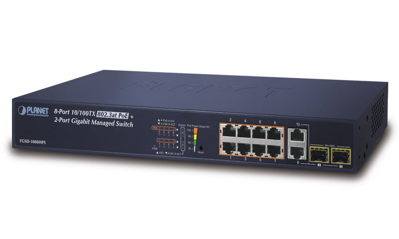 Planet FGSD-1008HPS PoE switch, 8x RJ45, 2x SFP / RJ45, Web / SNMP, STP / RSTP, extend 10Mb / s, IEEE 802.3at 125W Planet FGSD-1008HPS PoE switch, 8x RJ45, 2x SFP / RJ45, Web / SNMP, STP / RSTP, extend 10Mb / s, IEEE 802.3at 125W