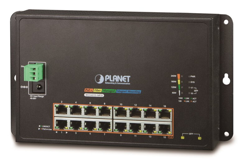 Planet WGS-4215-16P2S nástenný PoE switch 16x1000B-T, 2x SFP, Web / SNMP, 802.3at 240W, -10 ~ 60 ° C, fanless