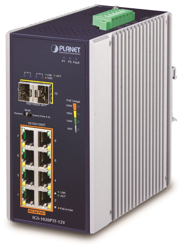 PLANET Priemyselný L2 PoE 1Gbps switch, 8xTP + 2xSFP, 802.3at 30 / 240W, IP30, -40 ~ + 75 ° C, 12-56VDC PLANET Priemyselný L2 PoE 1Gbps switch, 8xTP + 2xSFP, 802.3at 30 / 240W, IP30, -40 ~ + 75 ° C, 12-56VDC