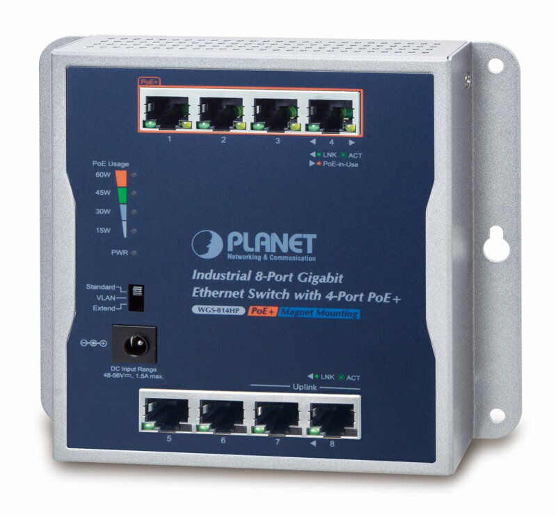 PLANET priemyselný / nástenný PoE switch 8x 1Gb, 4x PoE 802.3at 30 / 60W, IP30, 48-56V, -20 / + 60st, fanless