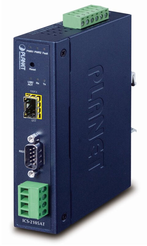 PLANET priemyselný konvertor RS-232/422/485 na IP, 1x COM, 1x 100Base-FX / SFP, 9-48VDC, -40 ~ + 75 ° C, IP30, SNMP + Telnet