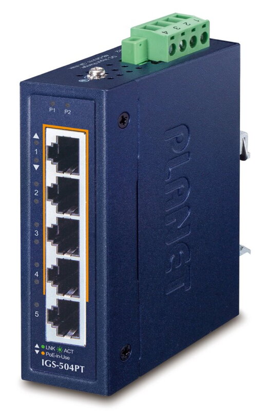 Planet IGS-504PT Průmyslový PoE switch, 5x1Gb, 4x PoE 802.3at 120W, -40až75°C, dual 48-54VDC, IP30, fanless Planet IGS-504PT Průmyslový PoE switch, 5x1Gb, 4x PoE 802.3at 120W, -40až75°C, dual 48-54VDC, IP30, fanless