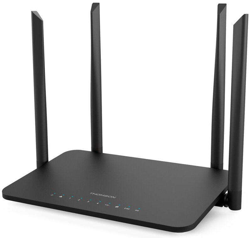 THOMSON dvoupásmový router THWR 1200/ Wi-Fi 802.11a/b/g/n/ac/ 1200 Mbit/s/ 2,4GHz a 5GHz/ 4x LAN/ 1x WAN/ 1x USB/ černý