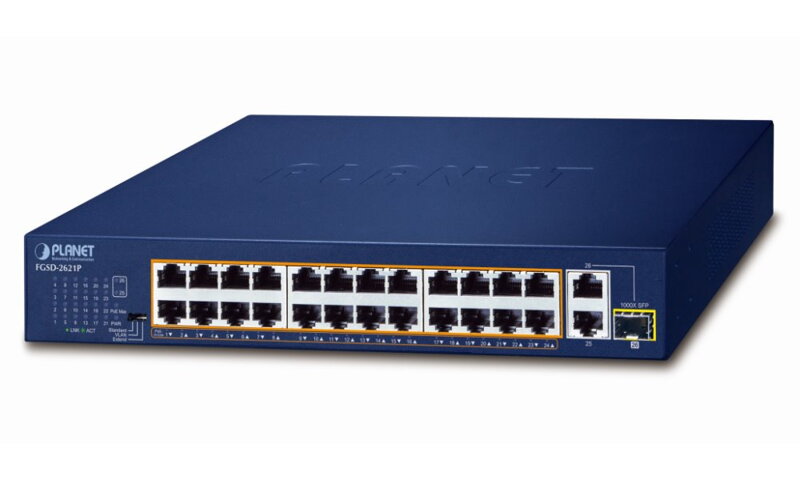 Planet FGSD-2621P PoE switch, 24x100M + 1xGb + 1xSFP, PoE 802.3at 185W, extend mód 10Mb-250m Planet FGSD-2621P PoE switch, 24x100M + 1xGb + 1xSFP, PoE 802.3at 185W, extend mód 10Mb-250m