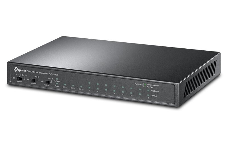 TP-Link TL-SL1311MP - stolní switch s 8 porty 10/100 Mbit/s, 3 gigabit porty a 8 porty PoE+ TP-Link TL-SL1311MP - stolní switch s 8 porty 10/100 Mbit/s, 3 gigabit porty a 8 porty PoE+
