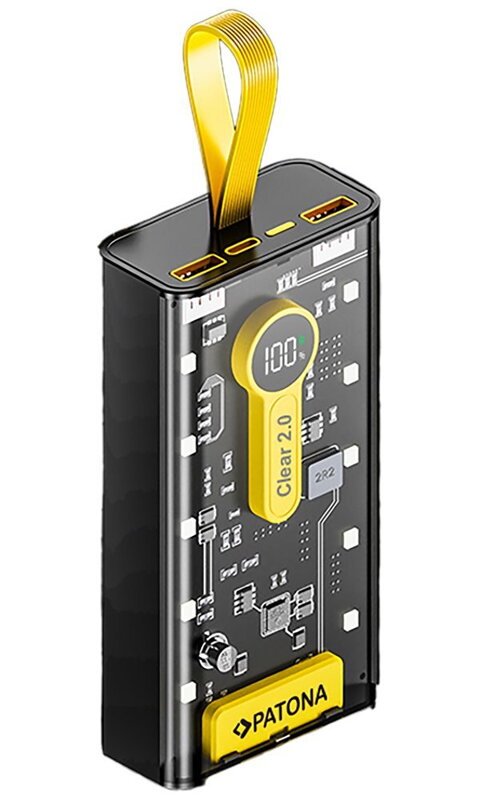 PATONA powerbanka s osvětlením, 20000mAh Li-Pol 3A - LCD, USB, Micro-USB, USB-C, Lightning, integrované kabely, PD22, 5W